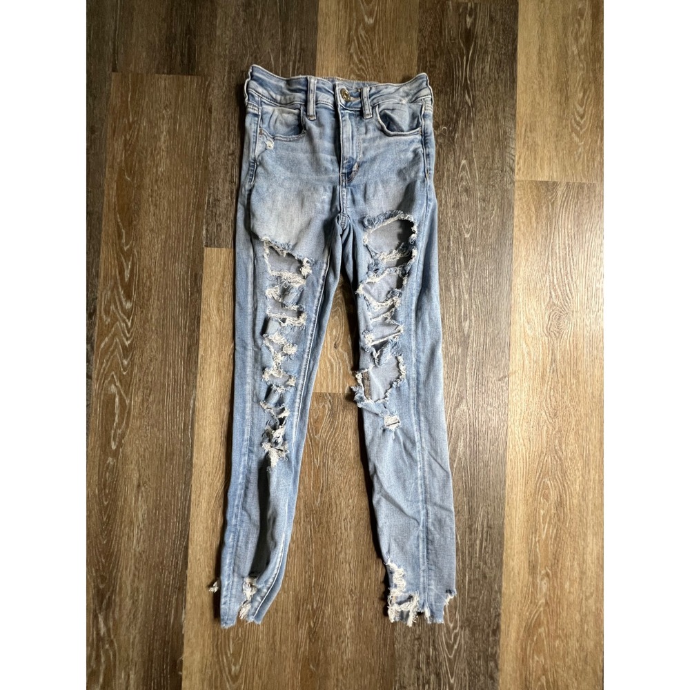 American Eagle Jegging Women 2 Blue Distressed Ripped High Rise Skinny Jeans